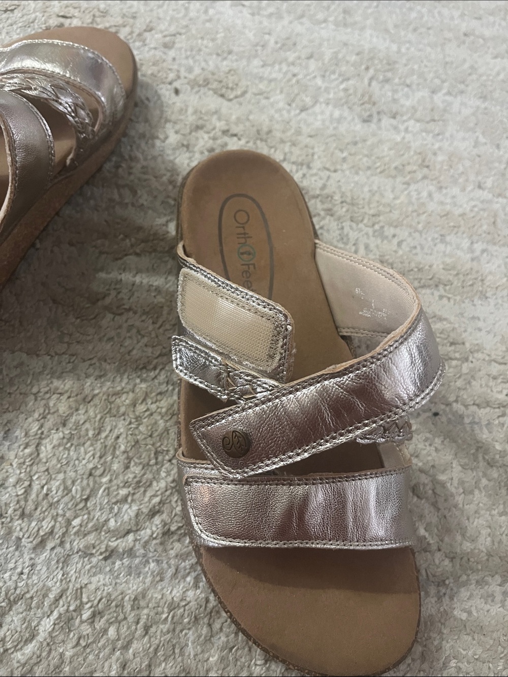 Ortho Feet Metallic Silver Slide Sandals 1.5” Heel Leather Braided Strap 7 Wide - Picture 11 of 15